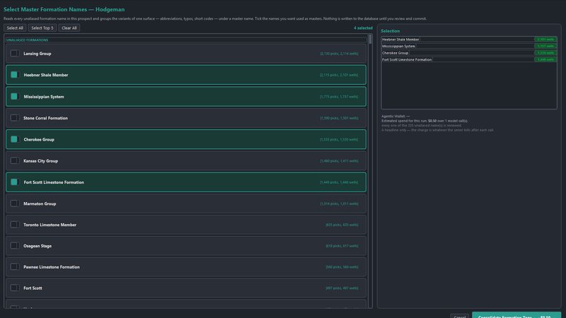 The Consolidate Formation Tops agent: master formation names chosen on the left, the consolidation summary and merge preview on the right.