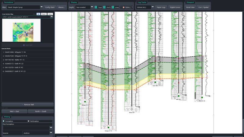 The full Log Correlation window: map inset and well list on the left, controls along the top, digital and raster tracks side by side in the section.