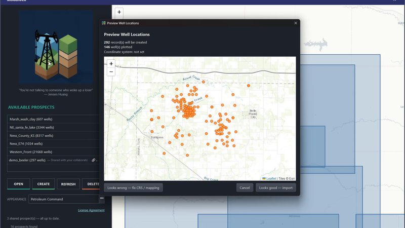 Importing a new prospect: the Preview Well Locations dialog plots the wells on a basemap before anything is written.