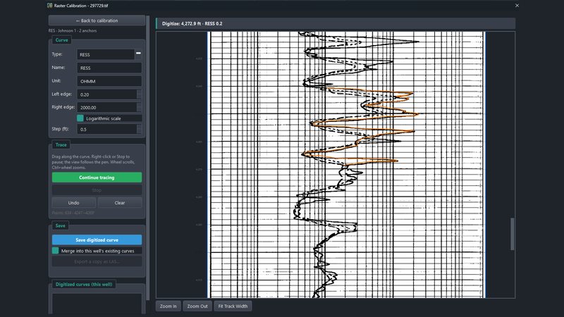 Digitizing a resistivity curve off a calibrated raster track — the traced curve in orange over the print.
