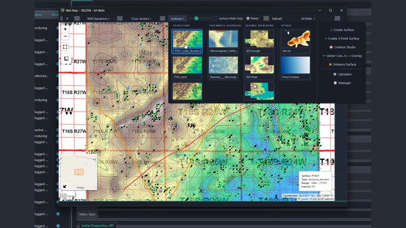 The Well Map with the Surfaces menu open: structure, thickness-isopach and seismic-horizon grids as thumbnails above a contoured structure map.