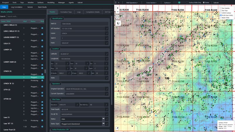 The Prospect Atlas and the map side by side: the well list and its record on the left, a contoured structure surface with well symbols on the right.