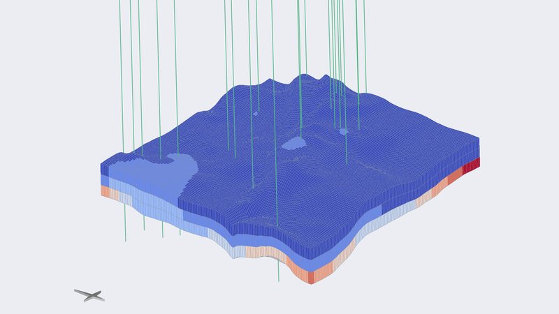 A layered property model with wellbores through it, coloured by porosity.