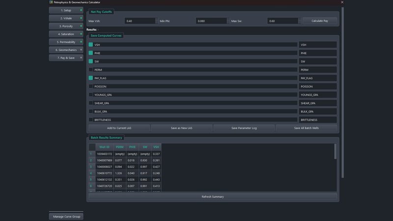 The calculator's Pay & Save step: net pay cutoffs on Vsh, porosity and Sw, the computed curves to save back to LAS, and the batch results summary per well.