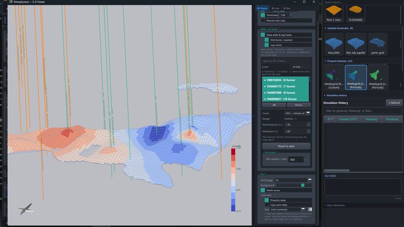 The Petrophysical 3-D Viewer: a porosity model with wells and log tracks, the display controls and the object browser beside it.