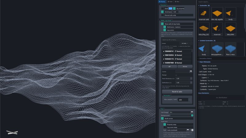 A gridded geobody drawn as wireframe in the 3-D viewer, with the object browser and display controls.
