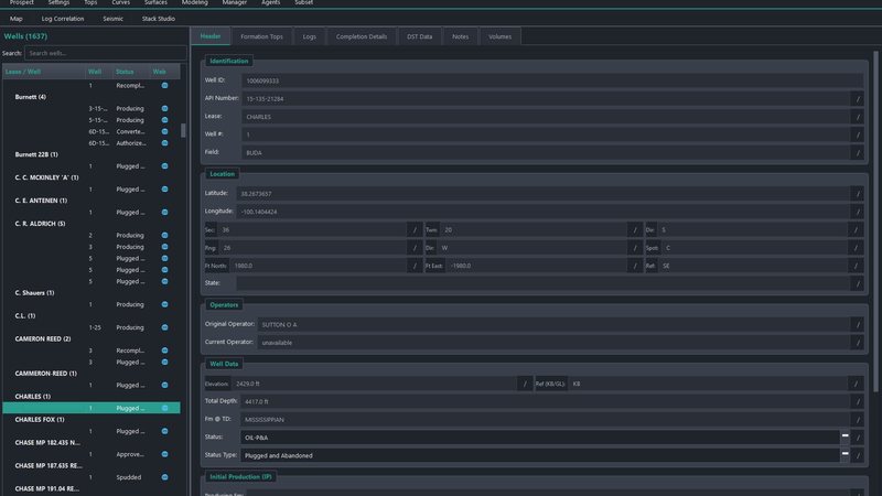 The Prospect Atlas: the well list by lease beside one well's header record — identification, location, operators and well data.