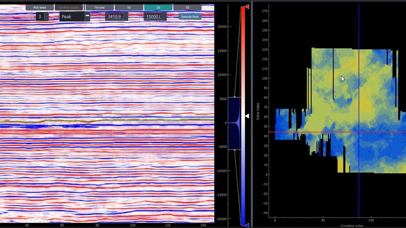 A 2-D seismic section with a tracked horizon, beside the corresponding inline/crossline amplitude map.