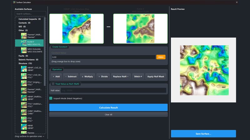 The Surface Calculator: two structure surfaces dropped in as operands with Subtract between them, and the contoured result in the preview.