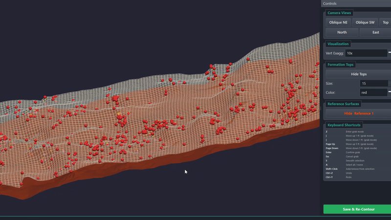 Surface Polisher: an editable node mesh over a reference surface, formation tops pinned in red.