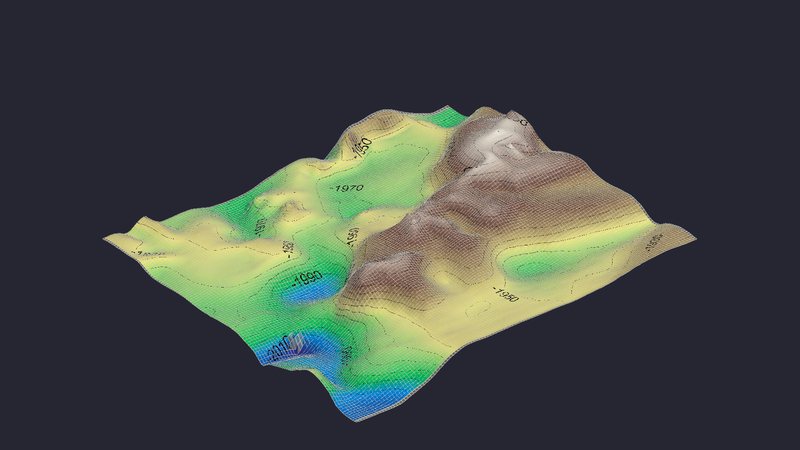 A gridded structure surface in 3-D, contoured and labelled, the high shaded brown and the lows blue.
