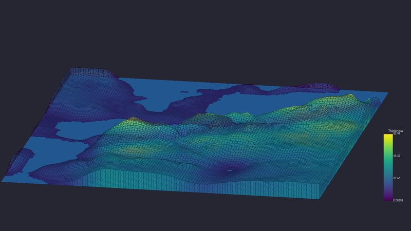 An extracted geobody shaded by thickness, with the ghosted top surface behind it.