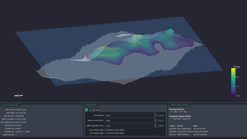 A geobody extracted between a rock unit's surfaces, shaded by thickness above its bounding plane, with the volumetric statistics below.