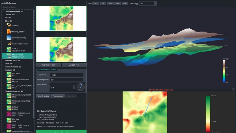 Extracting a geobody above a fluid contact: the surface list, the contact controls and the live geometric volumes beside the 3-D preview.