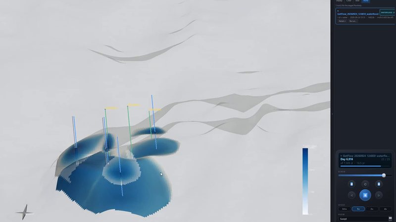 A waterflood simulation: injected water spreading from the wells through the body.